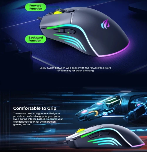 Souris Gaming Filaire Havit MS1029 - 7200 DPI Ajustables, Rétroéclairage RGB et 6 Boutons Programmables