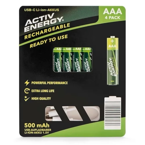 kit de 4 piles rechargeables AAA lithium-ion haute performance ACTIV ENERGY avec prise de charge de type C