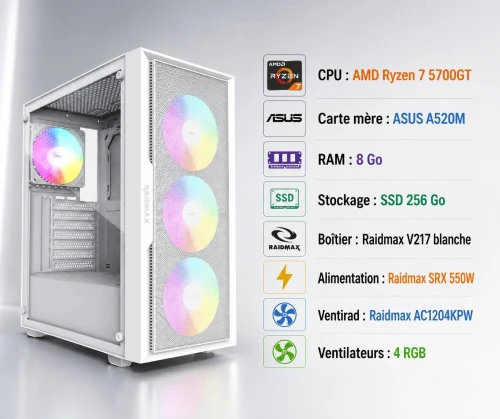 unité GAMING RYZ7 5700GT A520M 8GB 256GB VENTILO RAIDMAX AC1204K PW SRX550WAT BRAIDMAX V217 4*FAN