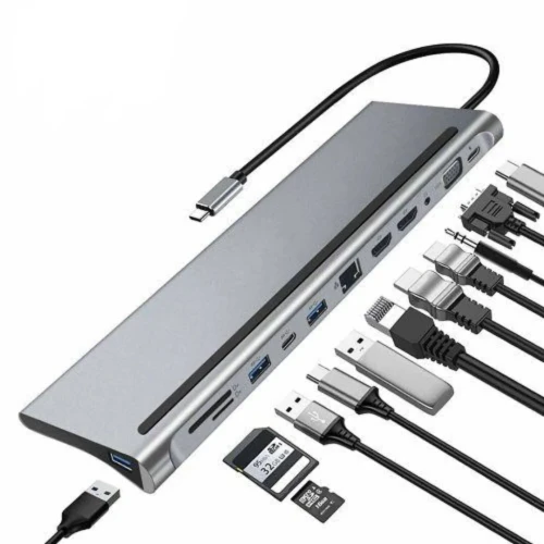 HUB XO HUB010 12en1 HDMI/VGA/2*USB3.0/2*USB2.0/Micro SD/SD/RJ45/mini-jack/Type C/Type C100W