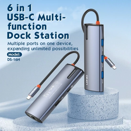 Station d'accueil USB-C/HUB 6en1 DS16H USB-C+HDMI+USB3.0*3+RJ45 (Gigabit 1000Mbp/s)LDNIO en métal