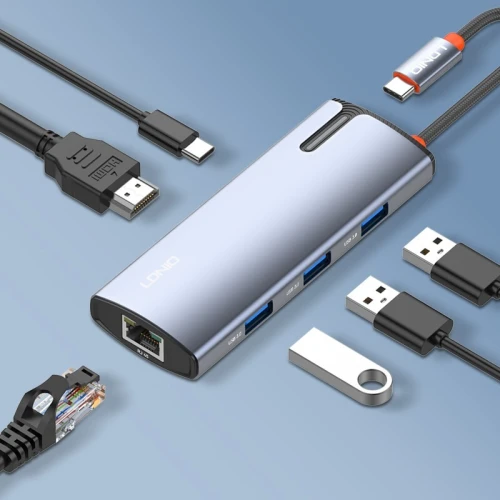 Station d'accueil USB-C/HUB 6en1 DS16H USB-C+HDMI+USB3.0*3+RJ45 (Gigabit 1000Mbp/s)LDNIO en métal