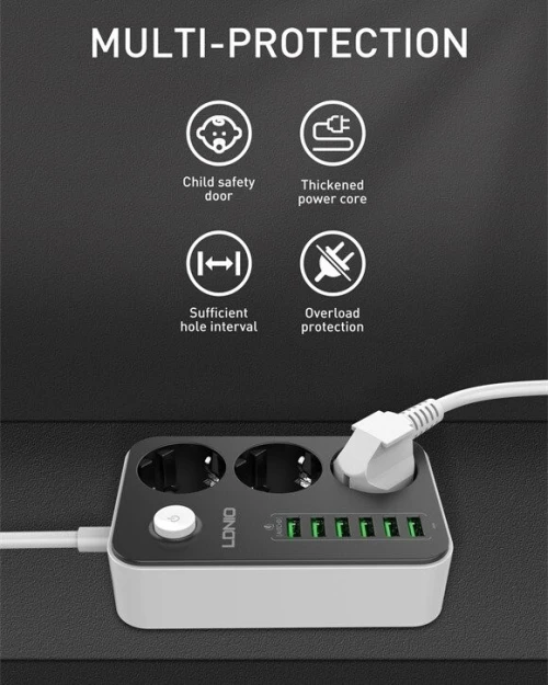 Multiprise LDNIO SC3604 avec 3 prises et 6 ports USB 17W pour recharger votre téléphone.