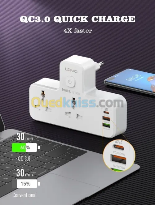MULTIPRISE LDNIO SC2311 AVEC 3USB 20W ET 2PRISES ÉLECTRIQUES ET VEILLEUSE
