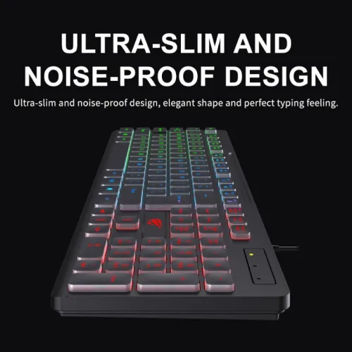 Havit Gamenote KB275L clavier gaming filaire 104 touches ergonomique ultra-mince RGB.