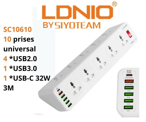 MULTIPRISE/RALLONGE LDNIO SIYOTEAM SC10610 30W AVEC 10PRISES / 5USB / 1PD USB-C/3M