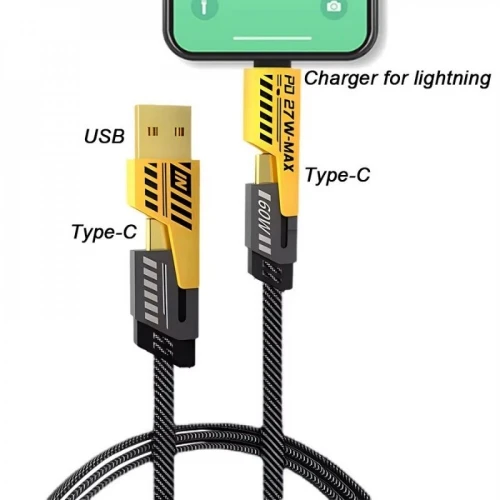 Chargeur de voiture rapide double port 45W LED et câble 4en1 (4 Connecteur USB et Type C et Lightning).