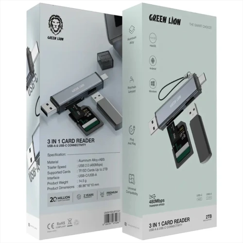 LECTEUR DE CARTE MEMOIRE GREEN LION 3 IN 1 USB A & USB C
