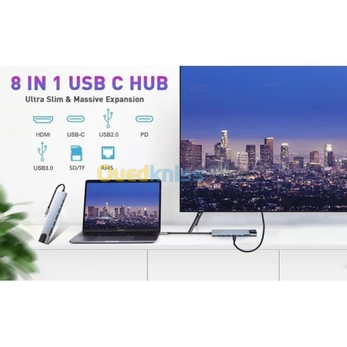 ADAPTATEUR TYPE C 8 IN 1 TO HDMI 4K TO RJ45 TO USB3.0 + LECTEUR CARTE