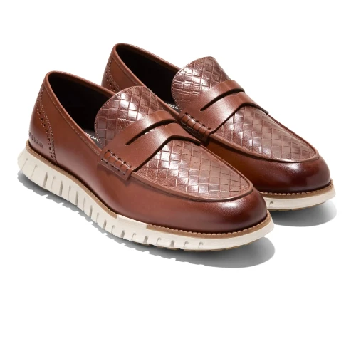 Cole Haan - Zerogrand Remastered Penny Loafers Woodbury Stamped   Natural Tan   Ancient Scroll