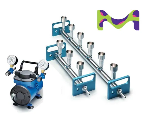 Rampe de filtration en acier inoxydable avec pompe et fiole à vide « MILLIPORE »