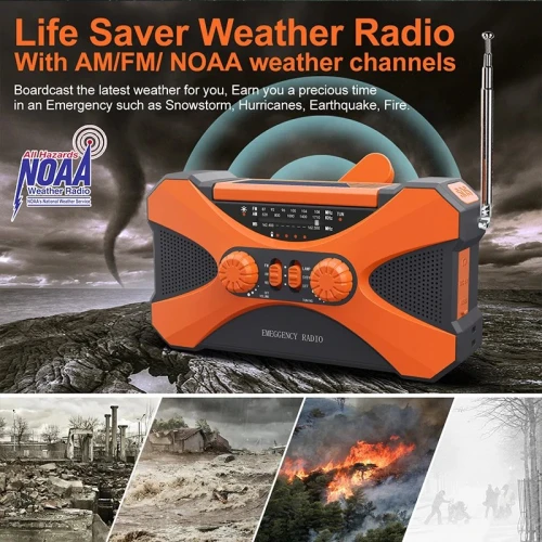 Radio multifonctionnelle à manivelle solaire, charge USB, radio météo, lampe de poche LED d'urgence, alimentation torche, FM, AM, WB, NOAA, 10000mAh