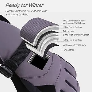 Gants de ski Tomshoo, gants d'hiver imperméables et coupe-vent en coton épais et coton haute densité pour les sports d'hiver (ski, snowboard).Taille SM