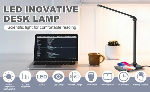 Lampe de bureau LED Maxesla PH384 avec chargement sans fil avec adaptateur rapide QC3.0, lampes de bureau pour bureau avec port de chargement USB
