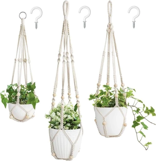 Lot de 2 décoration suspendue pour pot de fleurs d'intérieur et extérieure avec perles en bois - Support de pot de fleurs décoratif pour décoration d'intérieur