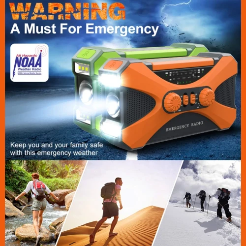 Radio multifonctionnelle à manivelle solaire, charge USB, radio météo, lampe de poche LED d'urgence, alimentation torche, FM, AM, WB, NOAA, 10000mAh