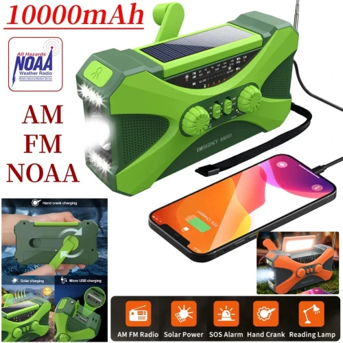 Radio multifonctionnelle à manivelle solaire, charge USB, radio météo, lampe de poche LED d'urgence, alimentation torche, FM, AM, WB, NOAA, 10000mAh