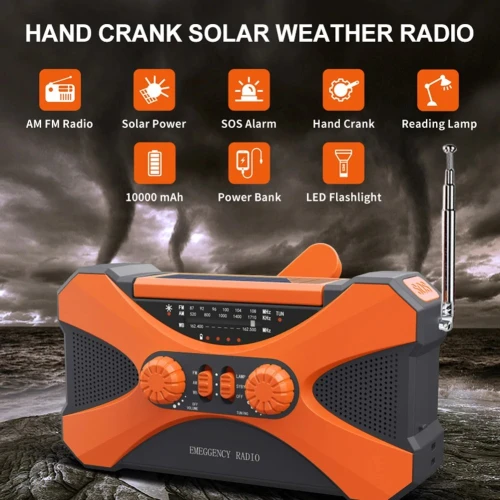 Radio multifonctionnelle à manivelle solaire, charge USB, radio météo, lampe de poche LED d'urgence, alimentation torche, FM, AM, WB, NOAA, 10000mAh