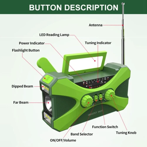 Radio multifonctionnelle à manivelle solaire, charge USB, radio météo, lampe de poche LED d'urgence, alimentation torche, FM, AM, WB, NOAA, 10000mAh