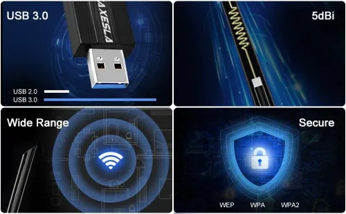 Clé WiFi Maxesla Double Bande AC 1200Mbps USB WiFi Adaptateur WiFi Dongle, Antenne 5dBi, 2.4G / 5GHz Double Bande, Compatible avec Windows XP/Vista/7/8/10, Linux, Mac OS X Wireless Adaptateur