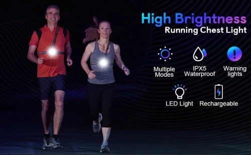 Lampe pectorale extérieur de course, Running, Motos, Vélo, à LED, lampe de poitrine, lampe d'avertissement arrière avec batterie rechargeable pour camping