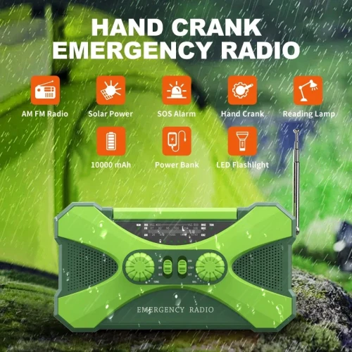 Radio multifonctionnelle à manivelle solaire, charge USB, radio météo, lampe de poche LED d'urgence, alimentation torche, FM, AM, WB, NOAA, 10000mAh