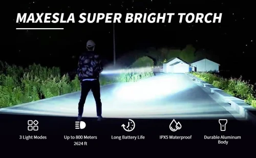 Lampe Rechargeable LED Flashlight Maxesla C19, Super Bright LED Flashlight, IPX5 Waterproof Flashlight with 3000mAh Rechargeable Battery