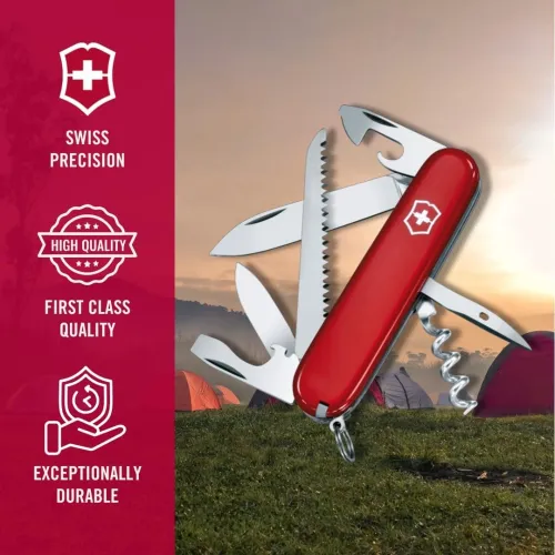 Couteau suisse Victorinox Camper 1.3613 rouge, Outil multifonction, Couteau de camping 13 fonctions, Lame décapsuleur 91 mm
