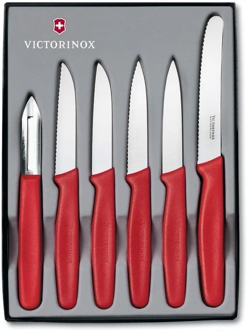 Coffret de 6 couteaux à légumes standard Victorinox 5.1111.6, lame extra-tranchante, manche en plastique robuste, rouge, fabriqué en Suisse, compatible lave-vaisselle