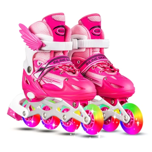 Roller, Patins à roues rose alignées réglables avec roues lumineuses pour enfants, Patins à roues alignées pour fitness intérieur et extérieur