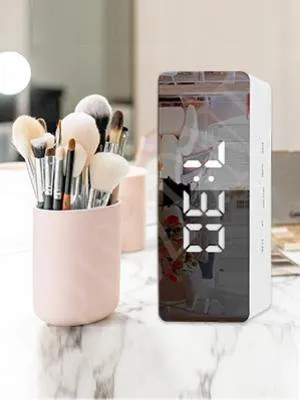 Horloge miroir numérique réveil de table, horloge de bureau avec date, heure, température, plastique blanc