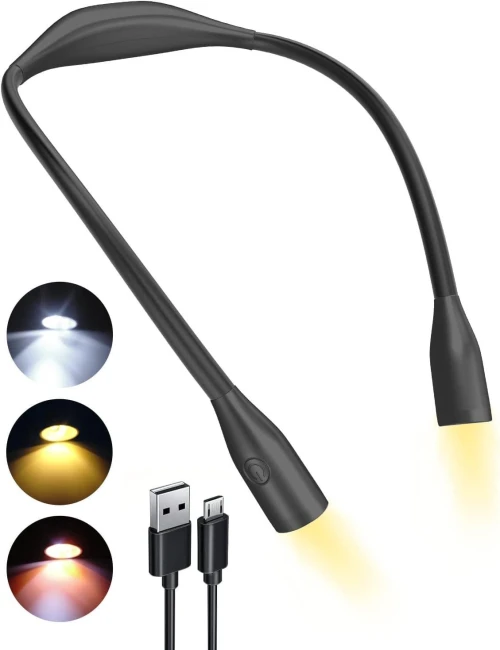 LED Lampe Lecture de Nuit Rechargeable Autour de Cou Mains Libres, 3 Couleurs Eye Protection