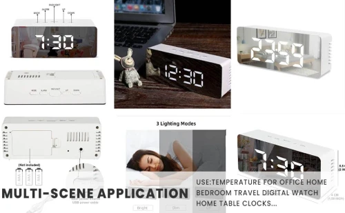 Horloge miroir numérique réveil de table, horloge de bureau avec date, heure, température, plastique blanc