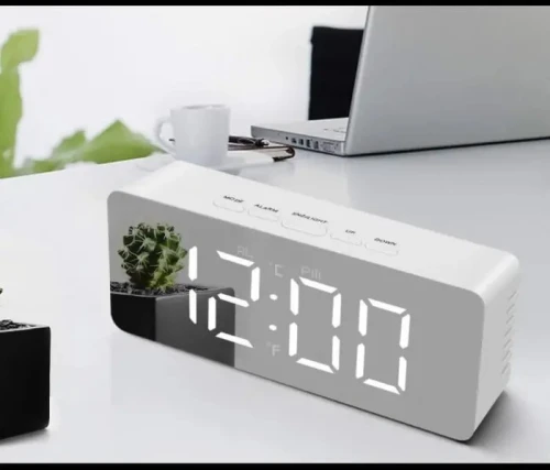 Horloge miroir numérique réveil de table, horloge de bureau avec date, heure, température, plastique blanc