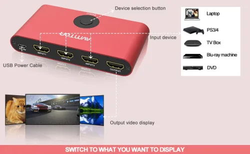 Commutateur HDMI "AVMTON", répartiteur HDMI 2.0 3 entrées/1 sortie, télécommande, compatible 4K à 60 Hz, HDCP 2.2, 3D et HD 1080p, en aluminium, pour PS4 Pro, Xbox et PC.