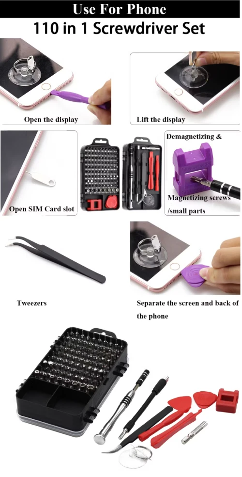 Kit de tournevis de précision générique, kit d'outils de réparation magnétique de 110 pièces, pour lunettes, montres, téléphones portables, ordinateurs et appareils électroniques.