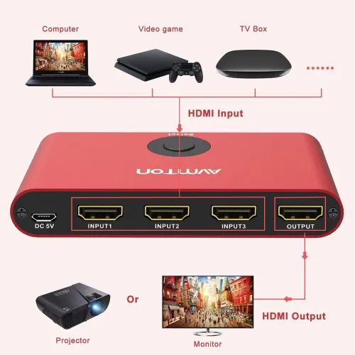 Commutateur HDMI "AVMTON", répartiteur HDMI 2.0 3 entrées/1 sortie, télécommande, compatible 4K à 60 Hz, HDCP 2.2, 3D et HD 1080p, en aluminium, pour PS4 Pro, Xbox et PC.