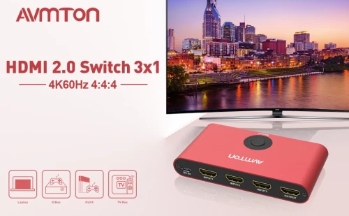Commutateur HDMI "AVMTON", répartiteur HDMI 2.0 3 entrées/1 sortie, télécommande, compatible 4K à 60 Hz, HDCP 2.2, 3D et HD 1080p, en aluminium, pour PS4 Pro, Xbox et PC.