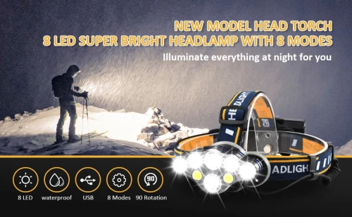 Lampe frontale Rechargeable, Super lumen 18000, 8 Modes d'éclairage LED, pour le Camping, la pêche, le Cyclisme et la Randonnée, Certifié étanche IPX4