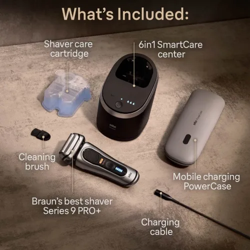 Braun Série 9 PRO+ 9577cc Rasoir électrique pour homme, 5 éléments Pro et rasoir de précision pour cheveux longs, Centre SmartCare 6in1, PowerCase recharge mobile, Wet & Dry