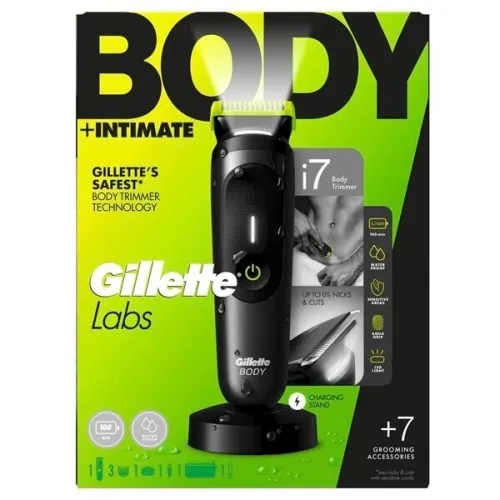 GilletteLabs i7 Body + Intimate, Tondeuse corps et zone intime pour homme, technologie SkinFirst et LED, étanche
