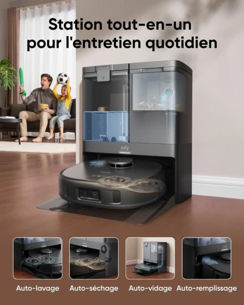 Eufy X10 Pro Omni Aspirateur Robot, 8 000 Pa, Lavage et Séchage Automatique des Patins, Système d'Autovidage, Autoremplissage,Relevage automatique des serpillières sur les tapis