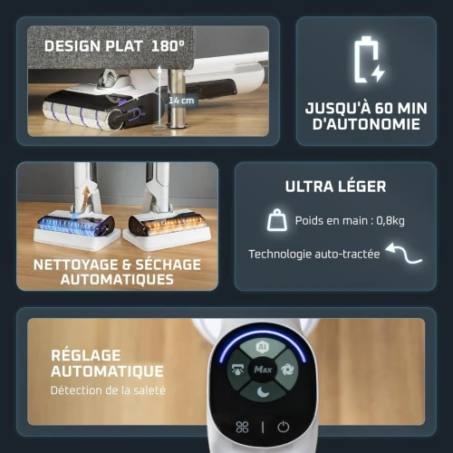 Rowenta X-Clean 10-Aspirateur Laveur sans fil-Design plat 180 degré-Autonomie 60min-Blanc-GZ7540WO