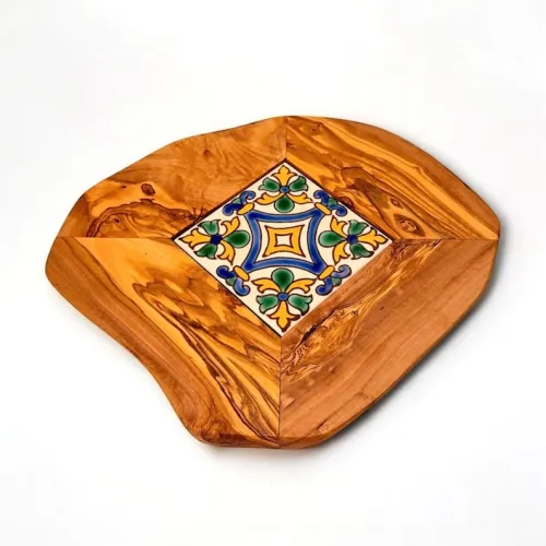 Dessous de verre/assiette en bois d'olivier et zellige.