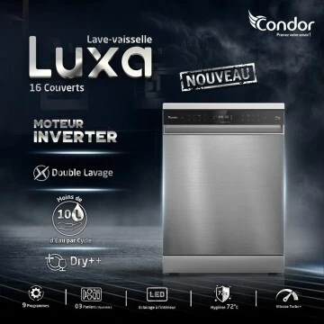 LAVE VAISSELLE CONDOR LUXA 16C 9 PROG AFFICHEUR INOX
