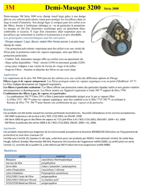 MASQUE RESPIRATOIRE 3M 3200 QUALITÉ PROFESSIONNELLE