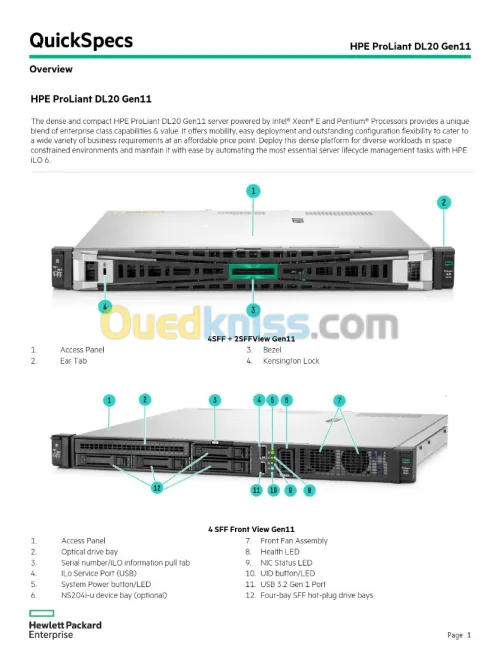 SERVEUR HP Proliant DL20 Gen11 (Rackable 1U) Intel Xeon E 2414