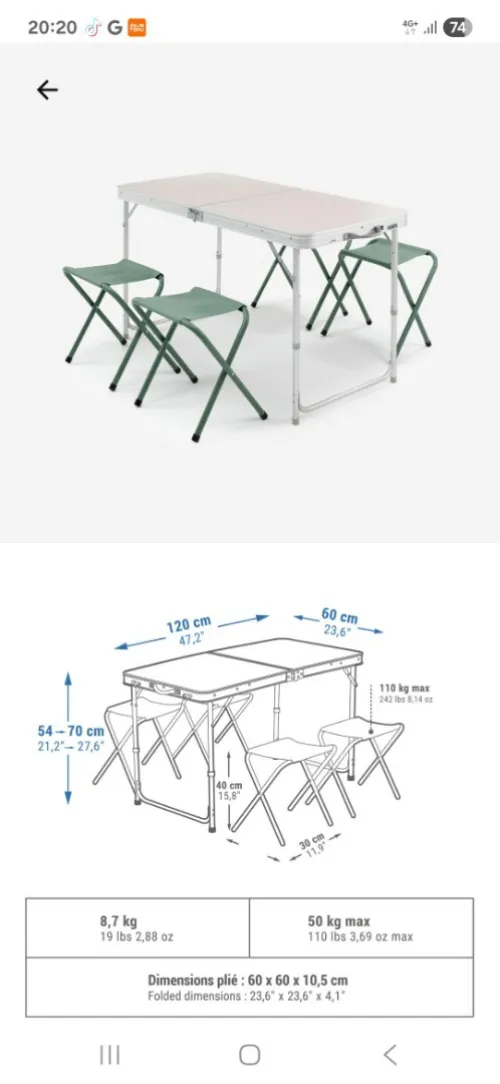 Table de camping plainte -4 tabourets à 6 personnes 