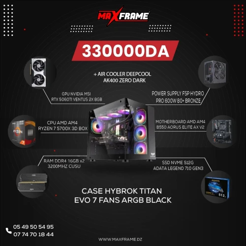 GIGA B550M AORUS ELITE / R7 5700X3D / NVME 512G ADATA / LE720 SE DW / RTX 5060TI GIGA AERO 8GB OC / DDR4 16GB x 2 3200MHZ CUSU / ACER 650W FM +80 BRONZ WHITE / HYBROK TITAN EVO 7 FANS ARGB BLACK