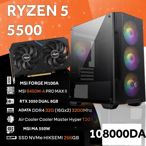AMD Ryzen 5 5500/ B450 M-A MSI / RTX 3050 6G / 32gb 3200hz / M.2 256GB Nvme / 550W Bronze